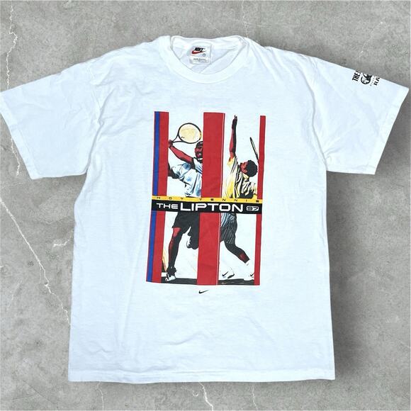Vintage Agassi vs Sampras Nike Lipton Tennis T Shirt 90s Medium Made in USA - Picture 1 of 9